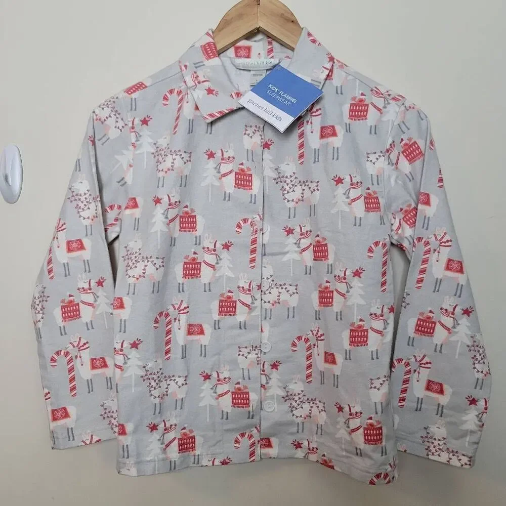 Garnet Hill Kids Flannel Pajama Top NWT Large Youth Button Down Candy Cane Llama